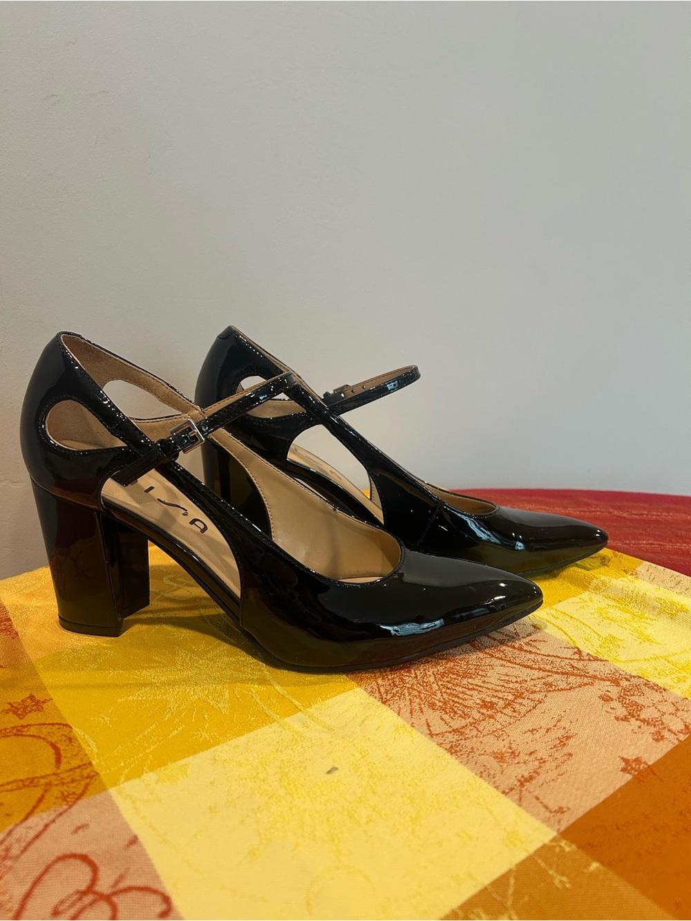 Black Patent Block Heel Pumps